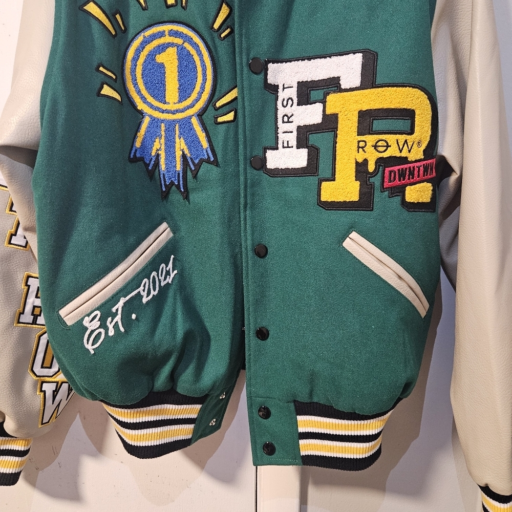 Fashion Nova Winning Team Varsity Jacket Green Tan Black Bomber Coat SIZE MEDIUM - Picture 3 of 6